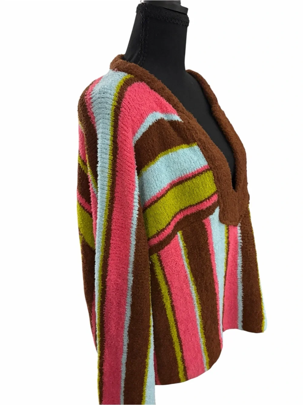 Striped V-Neck Plush Sweater in Brown, Pink, Blue & Green - Picture 5 of 6